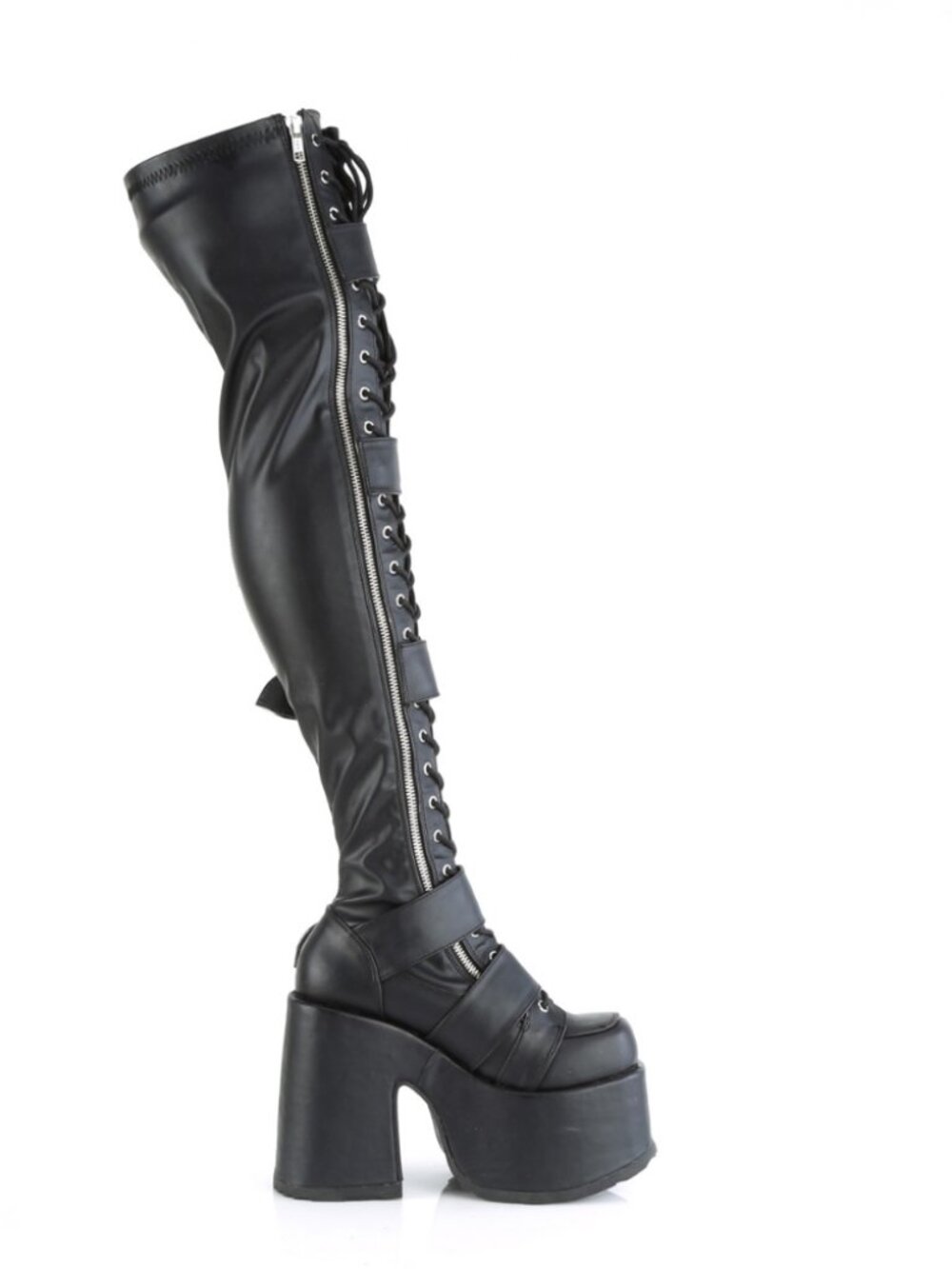 Blk Stretch Vegan Leather Chunky Heel Boots, Buckle Straps, Inner Side Metal Zip